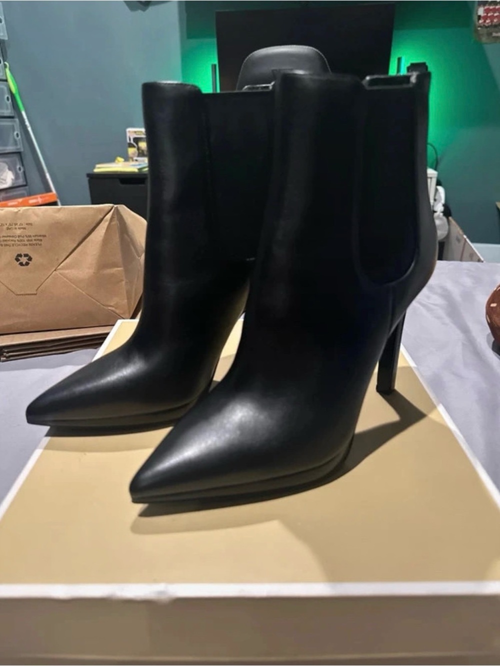 Michael Kors Black Pointed-Toe Leather Ankle Booties